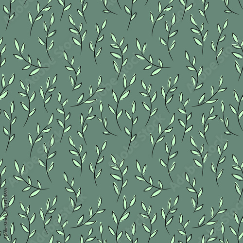 Fototapeta Naklejka Na Ścianę i Meble -  seamless pattern with green branches and leaves, hand-drawn, olive background for design,