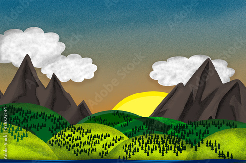 Illustration of the sunset behind high mountains and grass hills (ID: 479325244)