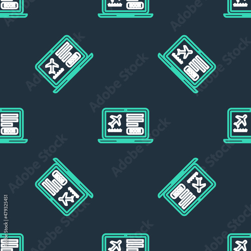 Line Laptop with electronic boarding pass airline ticket icon isolated seamless pattern on black background. Passenger plane mobile ticket for web and app. Vector © vector_v