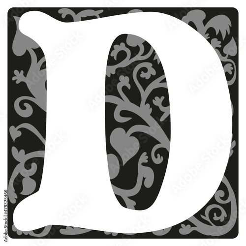 initial D, medieval letter with ornaments, dekorativ retro vector font graphic
