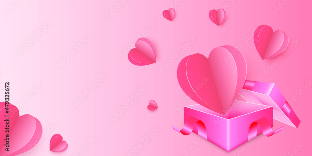 Heart vector greeting and Valentines card. Decorative paper cut heart. Romantic love pink color background, poster, banner. Place for text. Paper craft digital art.
