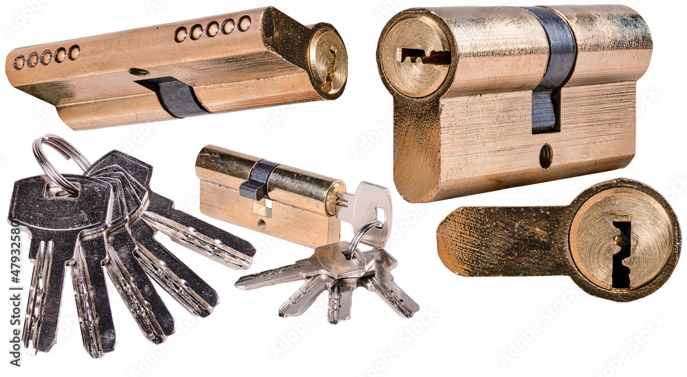 Keys and lock cylinder in residential door.