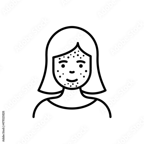 Girl with Blackhead, Acne, Rash on Face Line Icon. Woman with Pimples Linear Pictogram. Allergy, Inflammation Skin, Dermatologic Problem Outline Icon. Editable Stroke. Isolated Vector Illustration