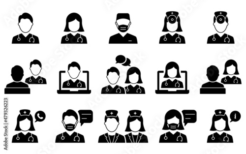 Doctors Silhouette Icon Set. Medic Specialists and Patient Consultation Black Pictogram. Online Medical Support Icon. Medicine Info Speech Bubble. Isolated Vector Illustration