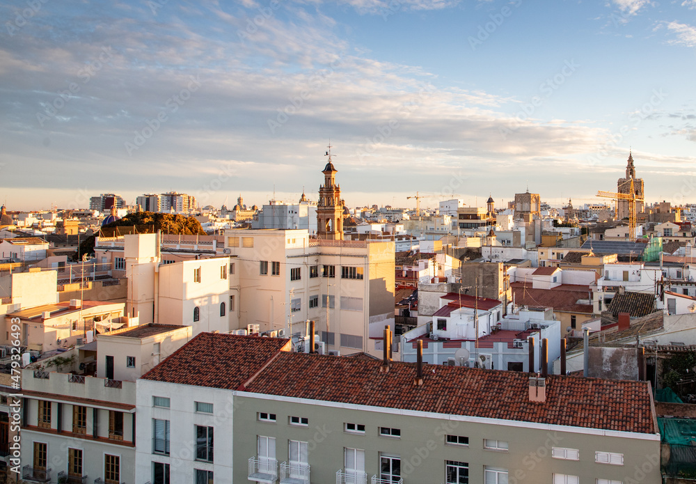 VALENCIA , SPAIN - DECEMBER 6, 2021: aerial cityscape view from Serranos towers on the old town of Valencia city in Spain