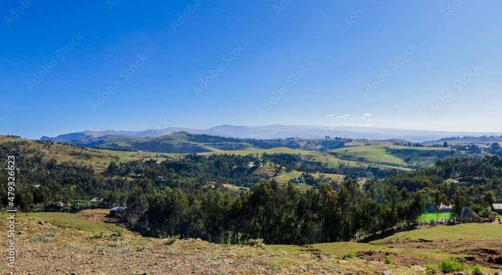 Panoramic View to the Simien Mountains Green Valley under Blue Sky near Gondar, Northern Ethiopia