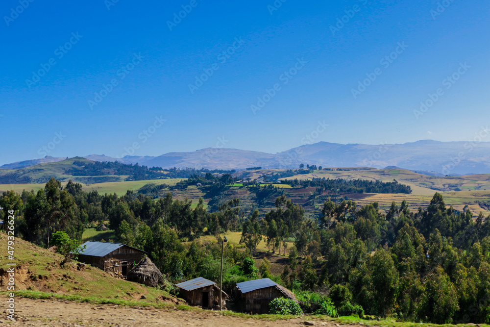 Panoramic View to the Simien Mountains Green Valley under Blue Sky near Gondar, Northern Ethiopia