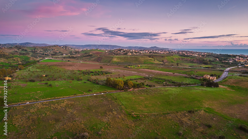 Fototapeta premium Aerial View of Agrigento at Sunset, Sicily, Italy, Europe, World Heritage Site