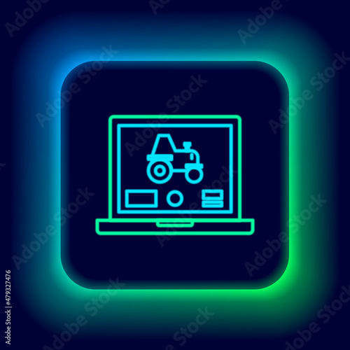 Glowing neon line Laptop application for control a autonomous tractor on a smart farm icon isolated on black background. Smart agriculture implement. Colorful outline concept. Vector