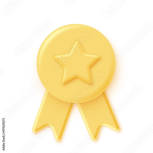 Yellow 3d stamp with ribbons and star isolated on white background. Luxury golden seal. Vector design element.