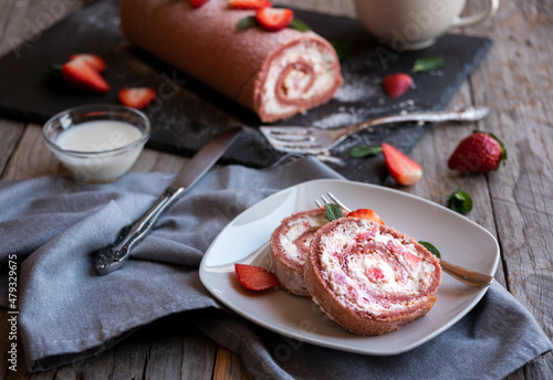 Wallpaper Mural Delicious strawberry roll cake with white cream, homemade baked dessert Torontodigital.ca