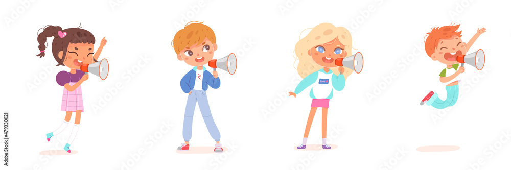 Naklejka premium Cute kids shout into megaphone set, boy and girl shouting, holding loudspeaker in hands