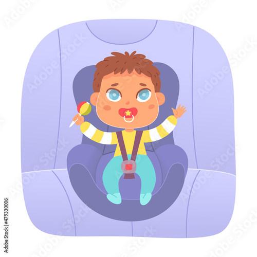 Road trip of baby on backseat, infant boy with pacifier and toy sitting in child seat