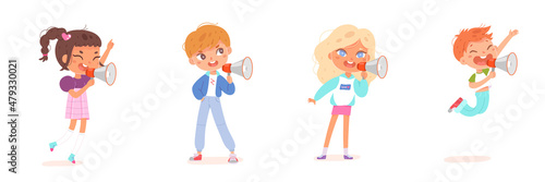 Cute kids shout into megaphone set, boy and girl shouting, holding loudspeaker in hands