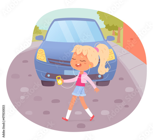 Crosswalk accident with kid pedestrian, girl moving to cross street in front of car