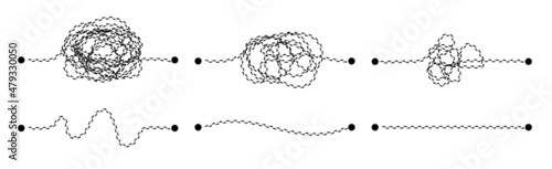 Complex and easy simple way from start to end, path from point A to B with black thread