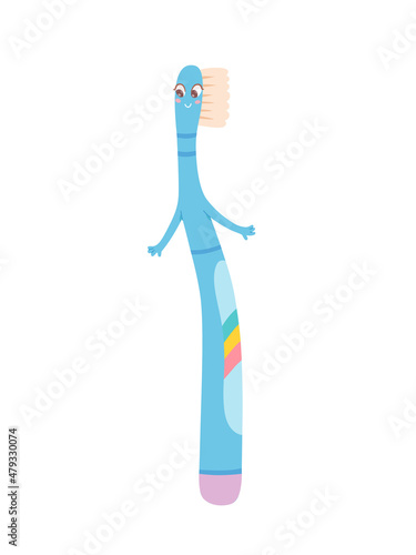 Funny kawaii toothbrush character, cute blue brush with bristle for cleaning kids tooth