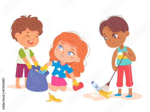 Kids collect trash in bag to clean park or street, cute volunteers working together