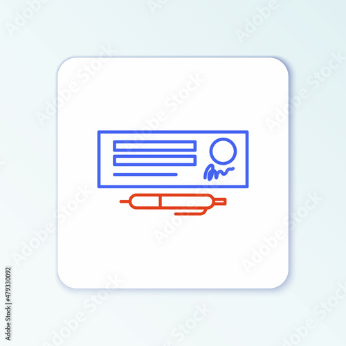 Line Blank template of the bank check and pen icon isolated on white background. Checkbook cheque page with empty fields to fill. Colorful outline concept. Vector