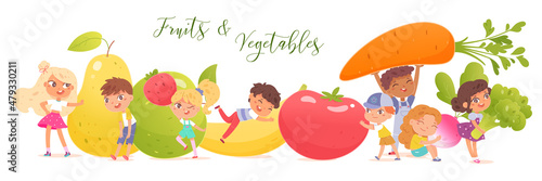 Cute children with vegetables and fruits, standing and sitting with summer healthy food