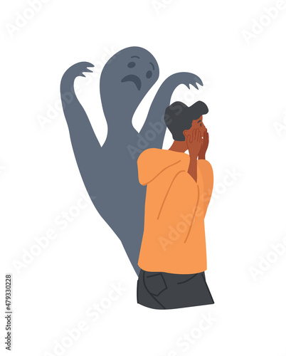 Mental Health Problem concept. Young, frightened man with inner fears and problems holding his head. Male character with psychological disorder surrounded by ghost. Cartoon flat vector illustration