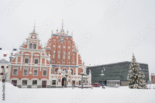 Winter cityscape of Old town of Riga, Latvia. The House of the Blackheads. Christmas tree. Town Hall Square.