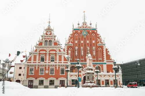 Winter cityscape of Old town of Riga, Latvia. The House of the Blackheads. Christmas tree. Town Hall Square.