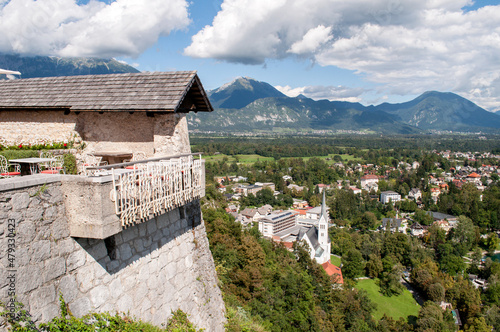 Observation deck at the castle in Bled. View of the surrounding countryside and high mountains.