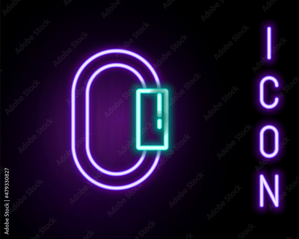 Glowing neon line Carabiner icon isolated on black background. Extreme sport. Sport equipment. Colorful outline concept. Vector Glowing neon line Carabiner icon isolated on black background. Extreme sport. Sport equipment. Colorful outline concept. Vector
