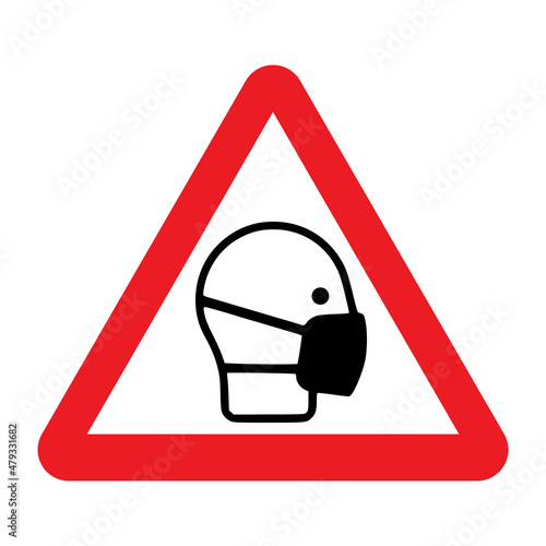 Wear face mask warning sign. Vector illustration of red triangle sign with headwear face mask icon inside. Caution wear respiratory protection. Face shield.
