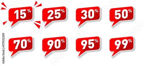 Red speech bubbles from 15% to 99% off Sign. Discount, Sale, Special Offer Label, Sticker, Tag, Banner, Advertising, offer Icon. Vector Sticker on transparent background