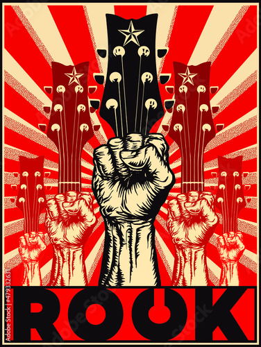 ROCK. Poster vector illustration of strong raised right fists with guitars on a ray red background in the style of soviet propaganda posters. 