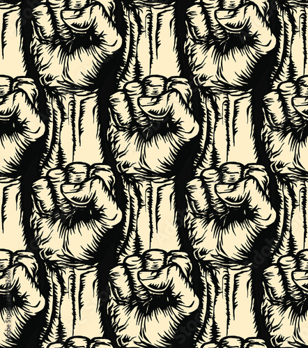 Vector seamless pattern of people raised right fists in the style of soviet propaganda posters.