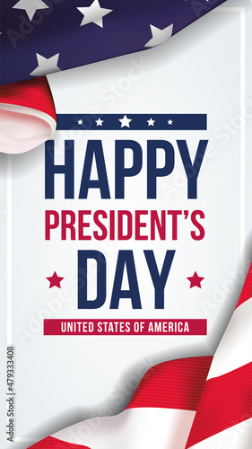Presidents day background. Banner on top of American flag. Vertical vector illustration.