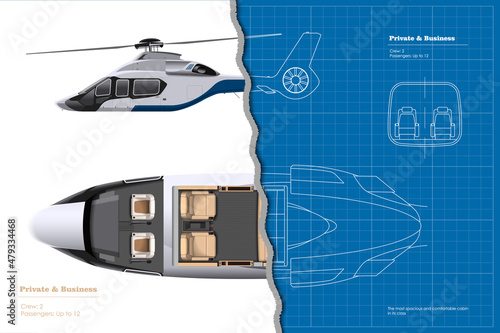 Outline private helicopter interior. 3d cockpit blueprint. Top, side view of business vehicle. Inside cabin drawing. Modern transportation