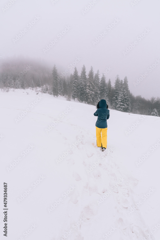 Person walking trough snow in the winter landscape. 
