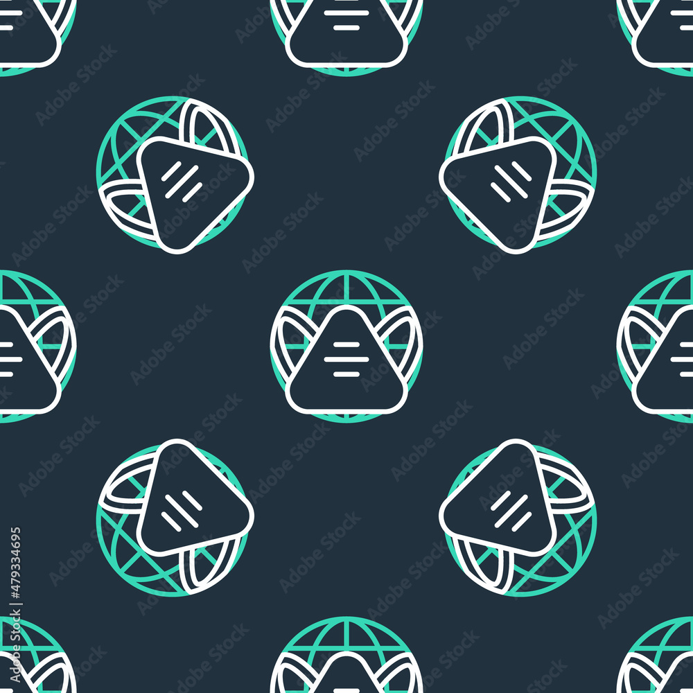 Line Earth globe with medical mask icon isolated seamless pattern on black background. Vector