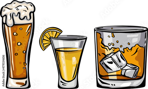 Alcoholic set tequila beer whiskey, freehand drawing vector
