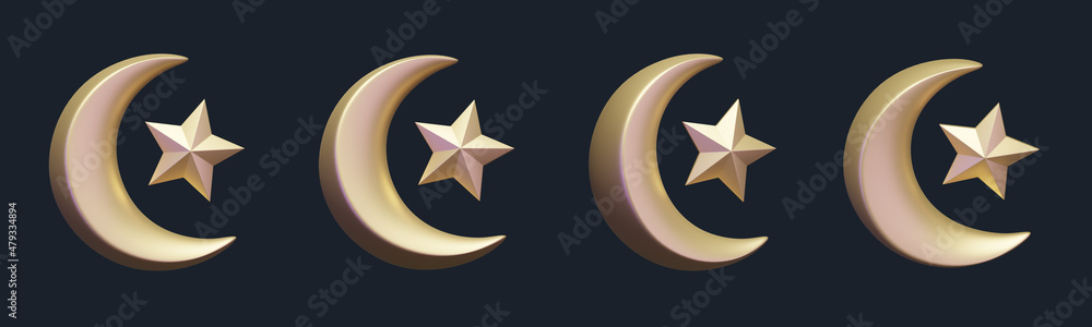 Islamic Crescent Moon And Star 3D Design Elements Stock Illustration ...