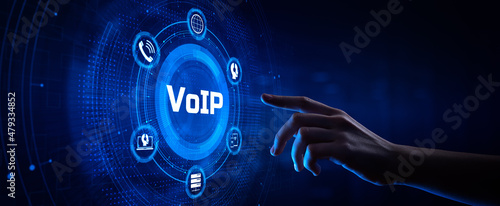 VoIP Voice over IP Telecommunication concept. Hand pressing button on screen. photo