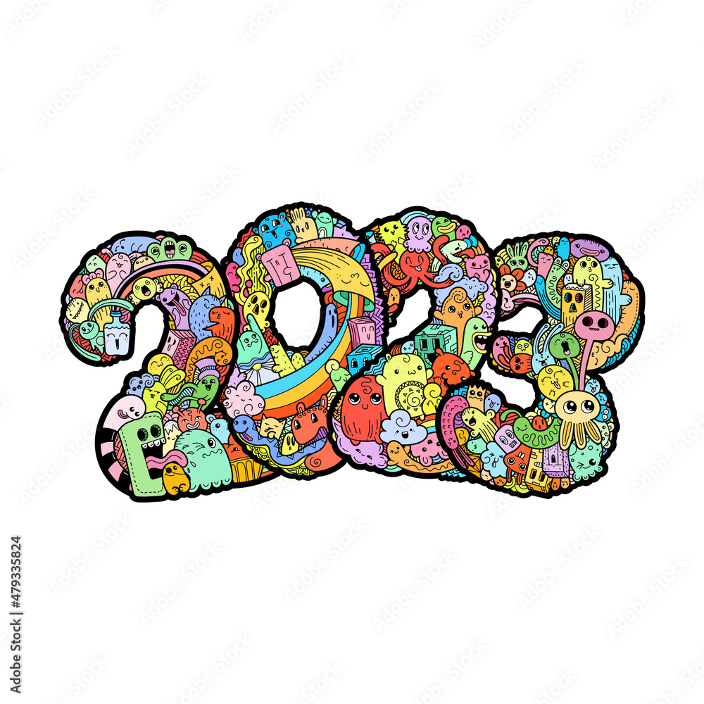 New year 2023. Monster doodle date. Ornate holiday symbol.