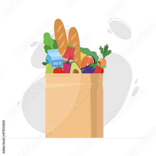 Paper bag or packet with healthy natural food and beverage products. Grocery shopping vector illustration. Organic fruits, vegetables, milk, bread, fish and other foodstuffs from local market.