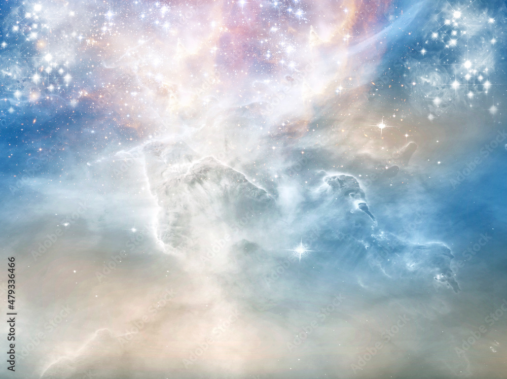 abstract angelic cosmic mystic mystical magic magical religious spiritual blue and gray  background with stars and cloudy sky - obrazy, fototapety, plakaty 