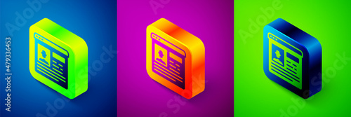 Isometric Resume icon isolated on blue, purple and green background. CV application. Searching professional staff. Analyzing personnel resume. Square button. Vector