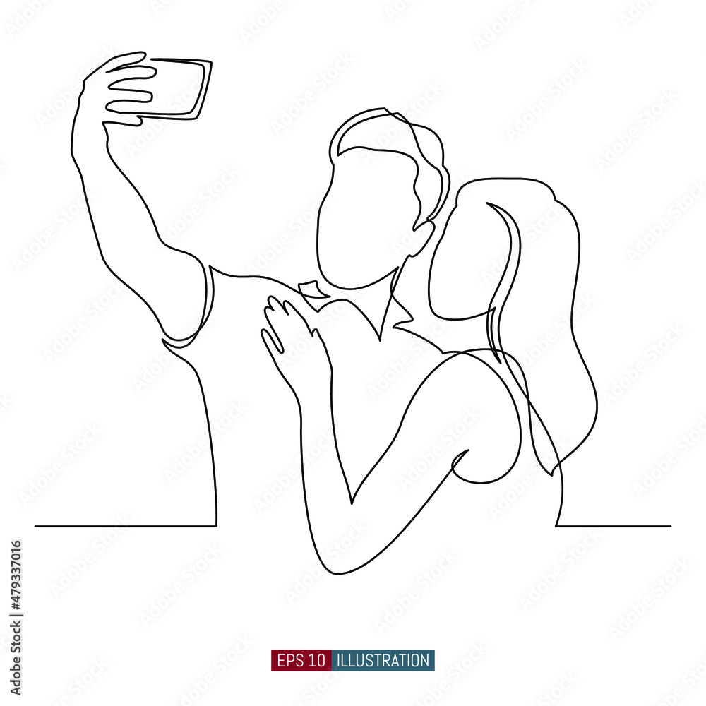 Continuous line drawing of Man and woman take a picture on the phone. A picture to remember.  Template for your design. Vector illustration.