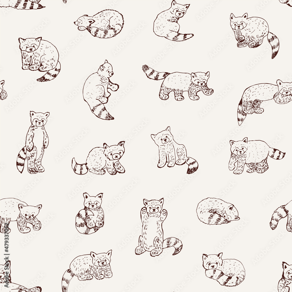 Red Panda asian forest animal vector seamless pattern