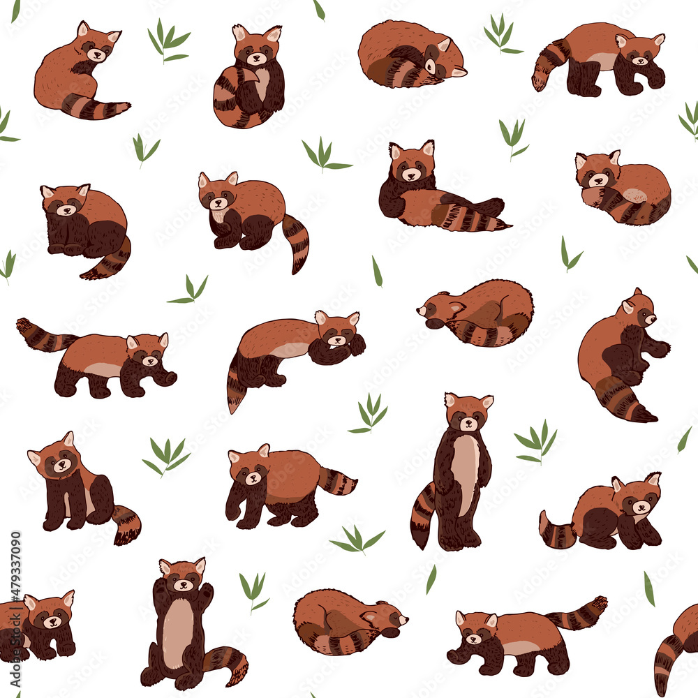 Fototapeta premium Red Panda asian forest animal vector seamless pattern