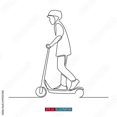 Continuous line drawing of A girl or a boy rides an electric scooter. Template for your design works. Vector illustration.