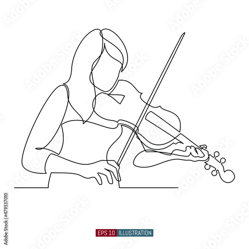 Continuous line drawing of The girl plays the violin. Template for your design works. Vector illustration.