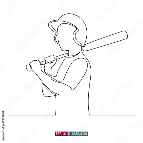 Continuous line drawing of The boy is standing in a helmet and with a baseball bat. Silhouette of a young baseball player. Template for your design. Vector illustration.